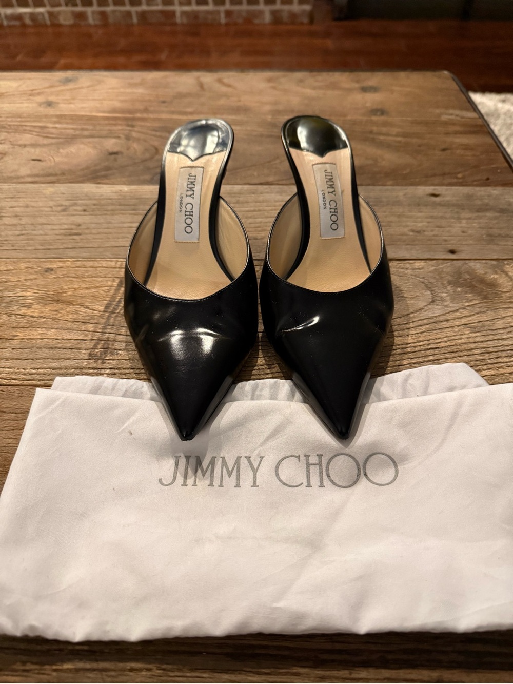 Authentic Jimmy Choo Black Patent Leather Pointed Toe Slingback Heels Size 8